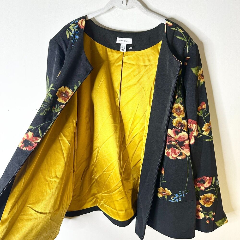 Susan Graver Jacket Women 24W Plus Black Floral Blazer Gold Lined Bloomcore NWOT - Picture 2 of 11